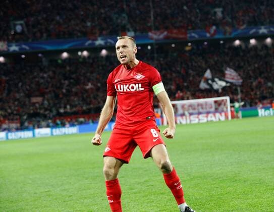 Match of the group stage of the Champions League between FC Spartak (Moscow, Russia) and FC Sevilla (Seville, Spain). Spartak player Denis Glushakov is happy with the score. 