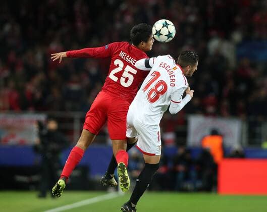 Match of the group stage of the Champions League between FC Spartak (Moscow, Russia) and FC Sevilla (Seville, Spain). Ü25 Lorenzo MelgarejoÊ & Ü18 Sergio Escudero . 