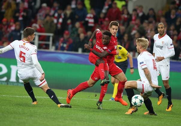Match of the group stage of the Champions League between FC Spartak (Moscow, Russia) and FC Sevilla (Seville, Spain). Spartak player Quincy Promes scores a goal. 