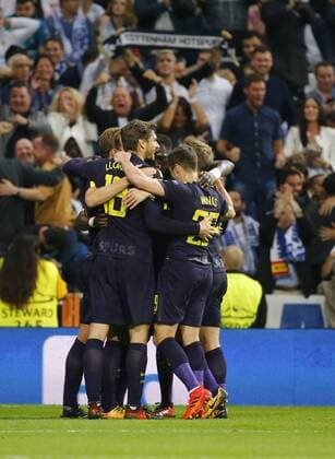 Partido de la Champions League disputado entre Real Madrid y Tottenham. En la imagen, los jugadores del Tottenham celebran el primer tanto. Champions League match played between Real Madrid and Tottenham. In this picture, Tottenham players celebrate first goal. 