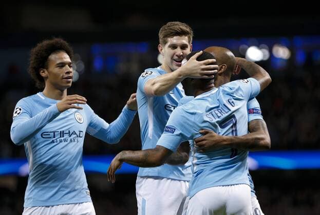 (171018) -- MANCHESTER, Oct. 18, 2017 -- Raheem Sterling (2nd R) of Manchester City celebrates after scoring with teammates during the UEFA Champions League Group F match between Manchester City and Napoli at Etihad Stadium, in Manchester, Britain on Oct. 17, 2017. Manchester City won 2-1. ) (SP)BRITAIN-MANCHESTER-SOCCER-UEFA CHAMPIONS LEAGUE-MANCHESTER CITY VS NAPOLI HanxYan 