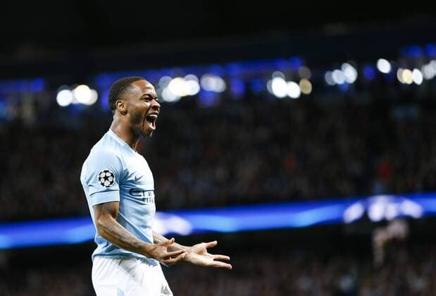 (171018) -- MANCHESTER, Oct. 18, 2017 -- Raheem Sterling of Manchester City celebrates after scoring during the UEFA Champions League Group F match between Manchester City and Napoli at Etihad Stadium, in Manchester, Britain on Oct. 17, 2017. Manchester City won 2-1. ) (SP)BRITAIN-MANCHESTER-SOCCER-UEFA CHAMPIONS LEAGUE-MANCHESTER CITY VS NAPOLI HanxYan 