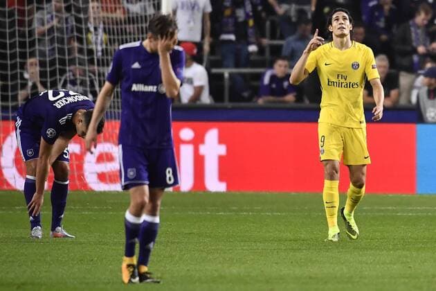 PSG s Edinson Cavani celebrates after scoring during a third game (out of 6) in the group stage (Group B) of the UEFA Champions League competition between Belgian soccer team RSC Anderlecht and French club PSG Paris Saint-Germain, Wednesday 18 October 2017 in Brussels. DIRKxWAEM  x05185403x