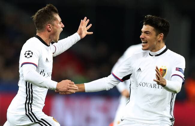 MOSCOW, RUSSIA - OCTOBER 18, 2017: Basel s Taulant Xhaka (L) and Raoul Petretta celebrate scoring against CSKA Moscow in their 2017 18 UEFA Champions League Group A Round 3 football match at VEB Arena. Artyom Korotayev TASS  TS06551E