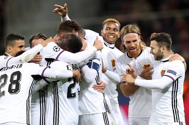MOSCOW, RUSSIA - OCTOBER 18, 2017: Basel players celebrate scoring against CSKA Moscow in their 2017 18 UEFA Champions League Group A Round 3 football match at VEB Arena. Artyom Korotayev TASS  TS065520