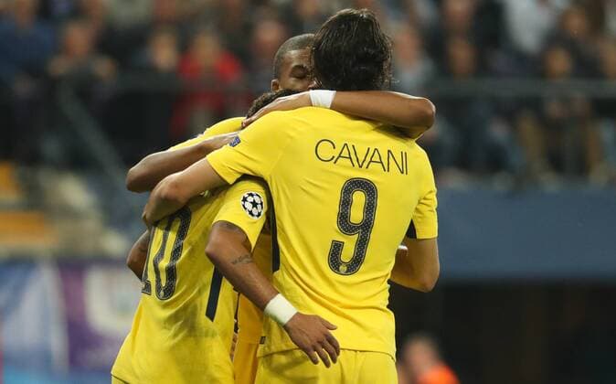 PSG s Neymar Jr, PSG s Kylian Mbappe and PSG s Edinson Cavani celebrate after scoring during a third game (out of 6) in the group stage (Group B) of the UEFA Champions League competition between Belgian soccer team RSC Anderlecht and French club PSG Paris Saint-Germain, Wednesday 18 October 2017 in Brussels. VIRGINIExLEFOUR  x05185412x