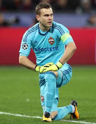 MOSCOW, RUSSIA - OCTOBER 18, 2017: CSKA Moscow goalkeeper Igor Akinfeev has conceded a goal in their 2017 18 UEFA Champions League Group A Round 3 football match against Basel at VEB Arena. Artyom Korotayev TASS  TS065527