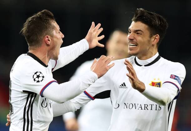 MOSCOW, RUSSIA - OCTOBER 18, 2017: Basel s Taulant Xhaka (L) and Raoul Petretta celebrate scoring against CSKA Moscow in their 2017 18 UEFA Champions League Group A Round 3 football match at VEB Arena. Artyom Korotayev TASS  TS065528