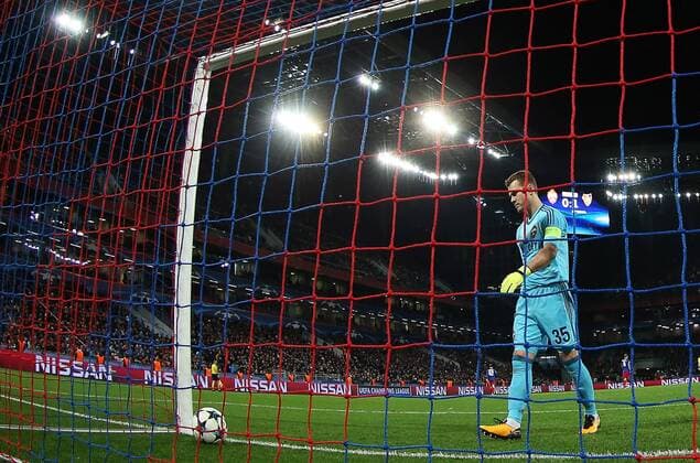 MOSCOW, RUSSIA - OCTOBER 18, 2017: CSKA Moscow goalkeeper Igor Akinfeev concedes a goal in their 2017 18 UEFA Champions League Group A Round 3 football match against Basel at VEB Arena. Artyom Korotayev TASS  TS06554A