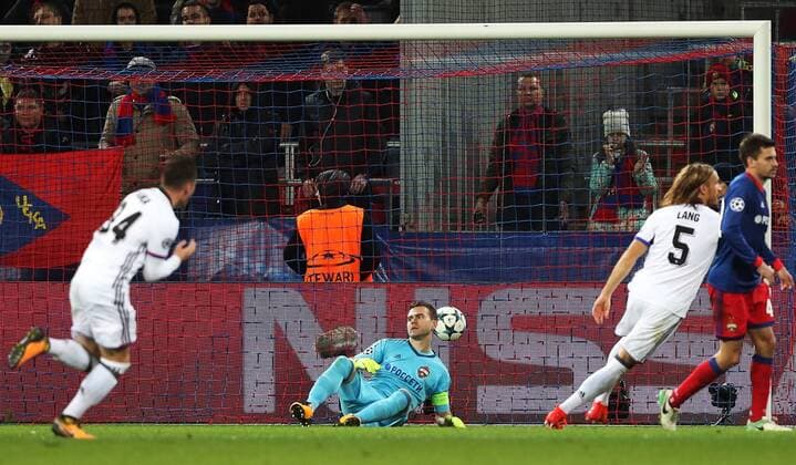 MOSCOW, RUSSIA - OCTOBER 18, 2017: CSKA Moscow s Igor Akinfeev concedes a goal in their 2017 18 UEFA Champions League Group A Round 3 football match against Basel at VEB Arena. Artyom Korotayev TASS  TS06555F