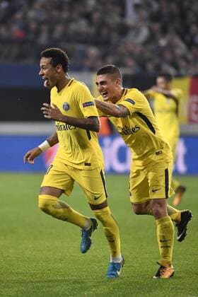 Fußball, CL, RSC Anderlecht - Paris St. Germain PSG s Neymar Jr and PSG s Marco Verratti celebrate after scoring during a third game (out of 6) in the group stage (Group B) of the UEFA Champions League competition between Belgian soccer team RSC Anderlecht and French club PSG Paris Saint-Germain, Wednesday 18 October 2017 in Brussels. DIRKxWAEM  x05185476x