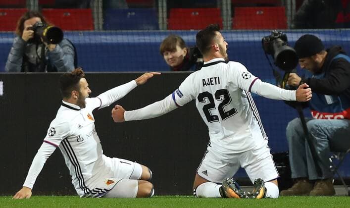MOSCOW, RUSSIA - OCTOBER 18, 2017: Basel s Renato Steffen (L) and Albian Ajeti after a goal uncounted in their 2017 18 UEFA Champions League Group A Round 3 football match against CSKA Moscow at VEB Arena. Artyom Korotayev TASS  TS06556C