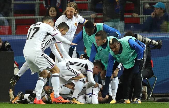 MOSCOW, RUSSIA - OCTOBER 18, 2017: Basel players after a goal uncounted in their 2017 18 UEFA Champions League Group A Round 3 football match against CSKA Moscow at VEB Arena. Artyom Korotayev TASS  TS06556D