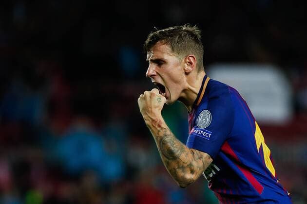 18th October 2017 Barcelona Spain Champions League F C Barcelona v Olympiacos F C Lucas Digne of FC Barcelona Barca celebrates the 3 0 Photo Andres Garcia AFP7  xAndresxGarciax xAFP7x xFCxBarcelonaxvxOlympiacos,xChampionsxLeague.xOctx18thx2017x