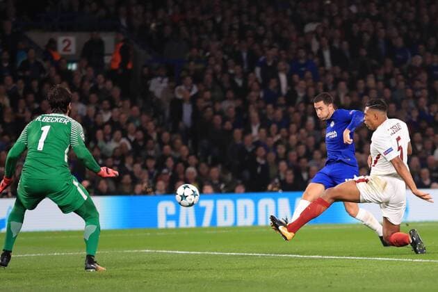 18th October 2017, Stamford Bridge, London, England; UEFA Champions League, Chelsea versus Roma; Eden Hazard of Chelsea shoots and scores making it 2-0  ActionPlus11941307
