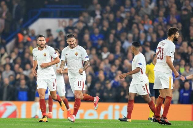 18th October 2017, Stamford Bridge, London, England; UEFA Champions League, Chelsea versus Roma; Aleksandar Kolarov of Roma celebrates after scoring as he makes it 2-1  ActionPlus11941311