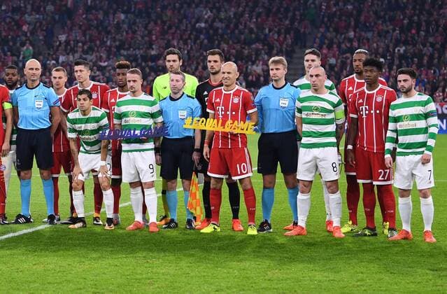 Football Champions League Season 2017 2018 Group stage FC Bavaria Munich Celtic Glasgow 18 10 2017 The Teams from Celtic and FC Bavaria Munich take together List and show the hashtag Equal Game Munich