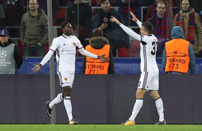 MOSCOW, RUSSIA - OCTOBER 18, 2017: Basel s Dimitri Oberlin (L) and Kevin Bua celebrate scoring against CSKA Moscow in their 2017 18 UEFA Champions League Group A Round 3 football match at VEB Arena; Basel won 2-0. Artyom Korotayev TASS  TS06557B
