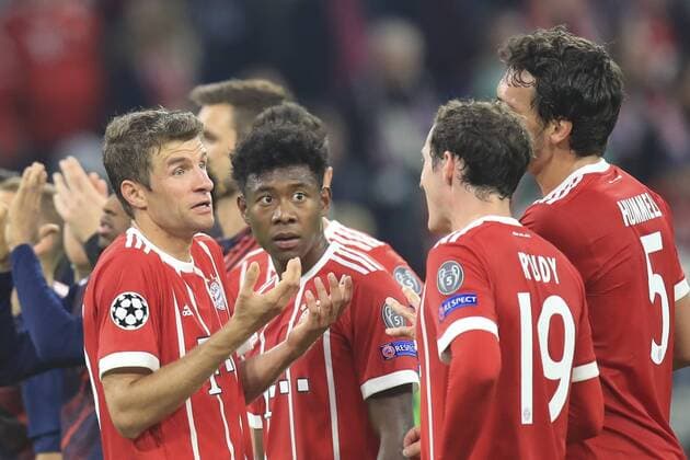 18 10 2017 Football UEFA Champions League 2017 2018 Group stage 3 Matchday FC Bavaria Munich Celtic Glasgow in the Alliance Arena Munich v left Thomas Mueller FC Bavaria Munich David Alaba FC Bavaria Munich Sebastian Rudy FC Bavaria Munich Mats Hummels Bavaria Munich