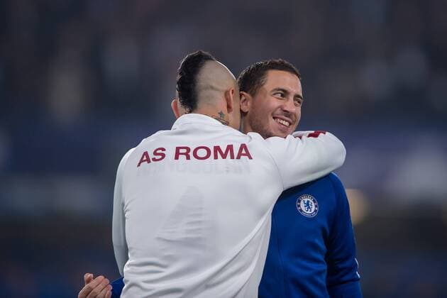 Cesc Fabregas of Chelsea and Eden Hazard of Chelsea hug during the UEFA Champions League Group C match between Chelsea and Roma at Stamford Bridge, London, England on 18 October 2017. Copyright: xSalvioxCalabresex 17170050