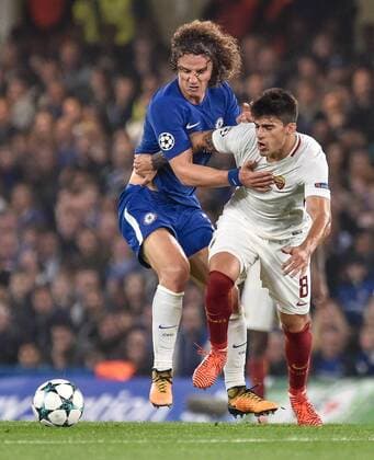 October 18, 2017 - London, United Kingdom - David Luiz of Chelsea challenges Diego Perotti of Roma during the UEFA Champions League match between Chelsea v AS Roma at Stamford Bridge Stadium, London, United Kingdom on 18 October 2017. Chelsea v AS Roma - UEFA Champions League  - ZUMAn230 20171018_zaa_n230_108 Copyright: xGiuseppexMaffiax
