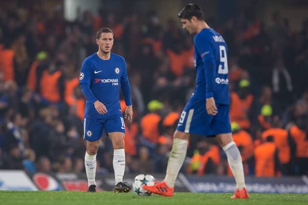 Eden Hazard of Chelsea and Ãlvaro Morata of Chelsea look dejected during the UEFA Champions League Group C match between Chelsea and Roma at Stamford Bridge London England on 18 October 2017 Photo by Salvio Calabrese  xSalvioxCalabresex xAFP7x xchelseaxvxRoma,xChampionsxLeague.xOctx18thx2017x