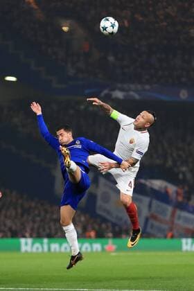 18th October 2017, Stamford Bridge, London, England; UEFA Champions League, Chelsea versus Roma; Eden Hazard of Chelsea battles with Radja Nainggolan of Roma  ActionPlus11941326
