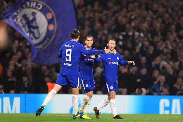 18th October 2017, Stamford Bridge, London, England; UEFA Champions League, Chelsea versus Roma; Eden Hazard of Chelsea celebrates after scoring as he makes it 2-0  ActionPlus11941345