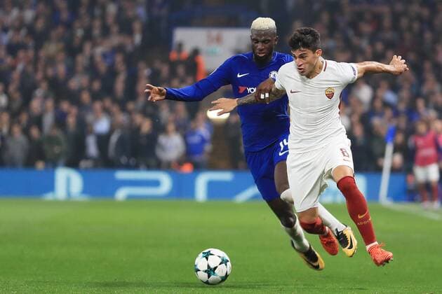18th October 2017, Stamford Bridge, London, England; UEFA Champions League, Chelsea versus Roma; Diego Perotti of Roma battles with Tiemoue Bakayoko of Chelsea  ActionPlus11941332