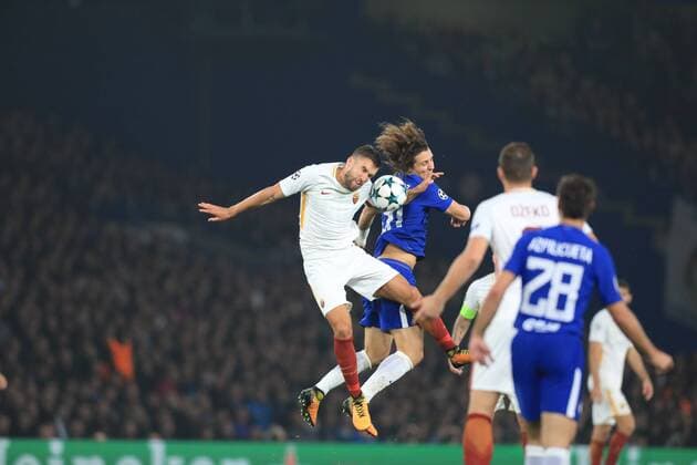 18th October 2017, Stamford Bridge, London, England; UEFA Champions League, Chelsea versus Roma; Kevin Strootman of Roma battles for a header with David Luiz of Chelsea  ActionPlus11941366