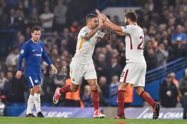 October 18, 2017 - London, United Kingdom - Aleksandar Kolarov of Roma celebrates scoring first goal during the UEFA Champions League match between Chelsea v AS Roma at Stamford Bridge Stadium, London, United Kingdom on 18 October 2017. Chelsea v AS Roma - UEFA Champions League  - ZUMAn230 20171018_zaa_n230_376 Copyright: xGiuseppexMaffiax