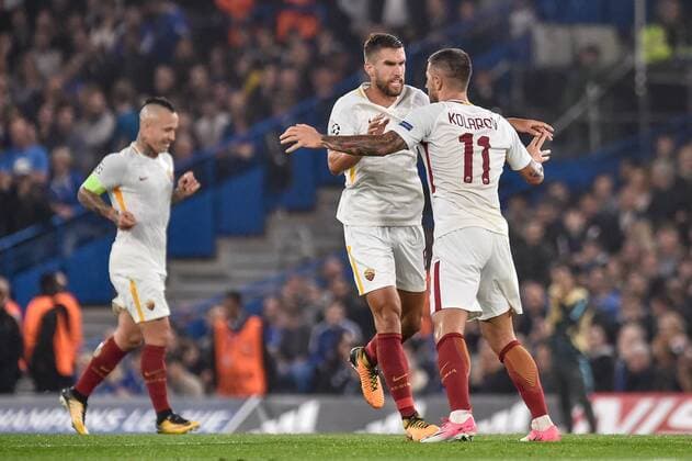 October 18, 2017 - London, United Kingdom - Aleksandar Kolarov of Roma celebrates scoring first goal during the UEFA Champions League match between Chelsea v AS Roma at Stamford Bridge Stadium, London, United Kingdom on 18 October 2017. Chelsea v AS Roma - UEFA Champions League  - ZUMAn230 20171018_zaa_n230_377 Copyright: xGiuseppexMaffiax