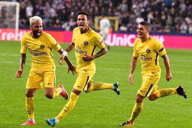 10 NEYMAR JR psg 06 MARCO VERRATTI psg 32 DANI ALVES psg JOIE FOOTBALL Anderlecht vs Paris SG Ligue des Champions 18 10 2017 AnthonyBIBARD FEP Panoramic 