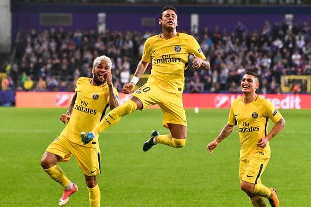 10 NEYMAR JR psg 06 MARCO VERRATTI psg 32 DANI ALVES psg JOIE FOOTBALL Anderlecht vs Paris SG Ligue des Champions 18 10 2017 AnthonyBIBARD FEP Panoramic 