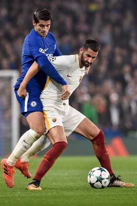 October 18, 2017 - London, United Kingdom - lvaro Morata of Chelsea challenges Maxime Gonalons of Roma during the UEFA Champions League match between Chelsea v AS Roma at Stamford Bridge Stadium, London, United Kingdom on 18 October 2017. Chelsea v AS Roma - UEFA Champions League  - ZUMAn230 20171018_zaa_n230_396 Copyright: xGiuseppexMaffiax