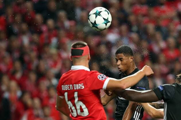 October 18, 2017 - Lisbon, Portugal - Manchester United ManU s forward Marcus Rashford heads the ball with Benfica s Portuguese defender Ruben Dias (L) during the UEFA Champions League football match SL Benfica vs Manchester United at the Luz stadium in Lisbon, Portugal on October 18, 2017. Photo: UEFA Champions League football match SL Benfica vs Manchester United - ZUMAf123 20171018_zap_f123_008 Copyright: xPedroxFiuzax