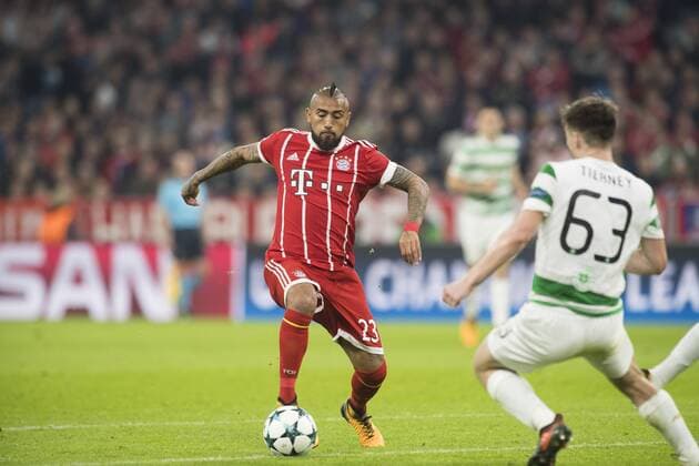 Football Champions League Encounter FC Bavaria Munich vs Celtic Glasgow Alliance Arena Munich 18 10 2017 in Picture Arturo Vidal Kieran Tierney Â