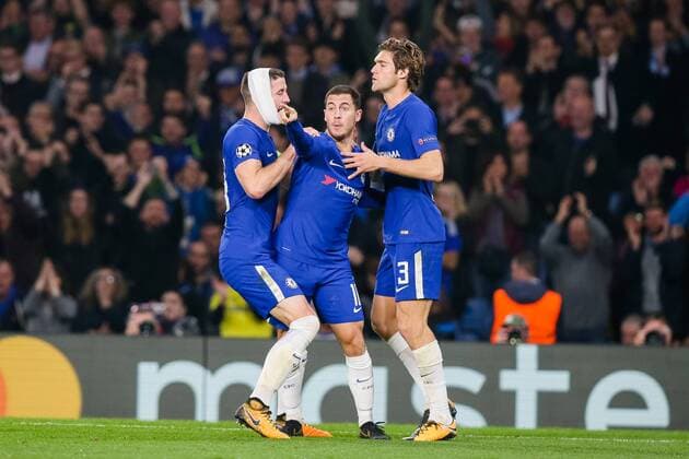 Eden Hazard (Chelsea), OCTOBER 18, 2017 - Football Soccer : Eden Hazard of Chelsea (C) celebrates with Gary Cahill (L) and Marcos Alonso (R) as he score s goal to make it 3-3 during the UEFA Champions League Group Stage match between Chelsea and AS Roma at Stamford Bridge in London, England. Noxthirdxpartyxsales  (mdga017293)
