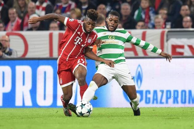 Football Champions League 03 Matchday FC Bavaria Munich Celtic Glasgow at 18 10 2017 in the Alliance Arena in Munich Kingsley Coman Munich in duel against Olivier Ntcham Celtic FC MT