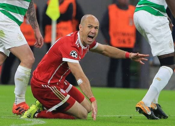 (171019) -- MUNICH, Oct. 19, 2017 -- Bayern Munich s Arjen Robben reacts during the third round match of Group B of 2017-18 UEFA Champions League between Bayern Munich of Germany and Celtic FC of Scotland, in Munich, Germany, on Oct. 18, 2017. Bayern Munich won 3-0. (SP)GERMANY-MUNICH-SOCCER-UEFA CHAMPIONS LEAGUE-BAYERN MUNICH VS CELTIC PhilippexRuiz) 
