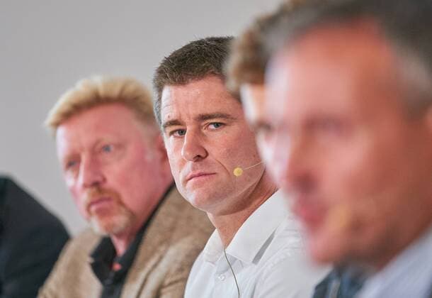 DTB Panel discussion ueber The Development the men u0026 39;s tennis with Boris Becker ger DTB Sports Director Klaus Eberhard Davis Cup Captain Michael Kohlmann Dr Peter Auernhammer BTV Vice President Tournament Director the Open in Ismaning at Munich 17 10 2017