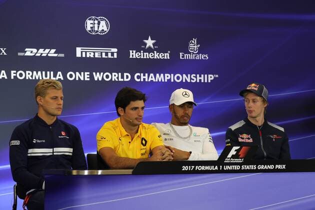 19.10.2017 - press conference PK Pressekonferenz (L-R) Marcus Ericsson (SUE) Sauber C36, Carlos Sainz Jr (ESP) Renault F1 Team RS17, Lewis Hamilton (GBR) Mercedes AMG F1 W08 and Brendon Hartley (NZL) Scuderia Toro Rosso STR12 United States Grand Prix, Austin 19 - 22 October 2017 19.10.2017 - Press conference, (L-R) Marcus Ericsson (SUE) Sauber C36, Carlos Sainz Jr (ESP) Renault Sport F1 Team RS17, Lewis Hamilton (GBR) Mercedes AMG F1 W08 and Brendon Hartley (NZL) Scuderia Toro Rosso STR12 