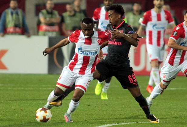 19.10.2017 Belgrade(Serbia) FK Crvena Zvezda(FC Red Star)-Arsenal Europa League men s football Guelor Kanga (L) FK Crvena Zvezda(FC Red Star), Joseph Willock (r) Arsenal : 
