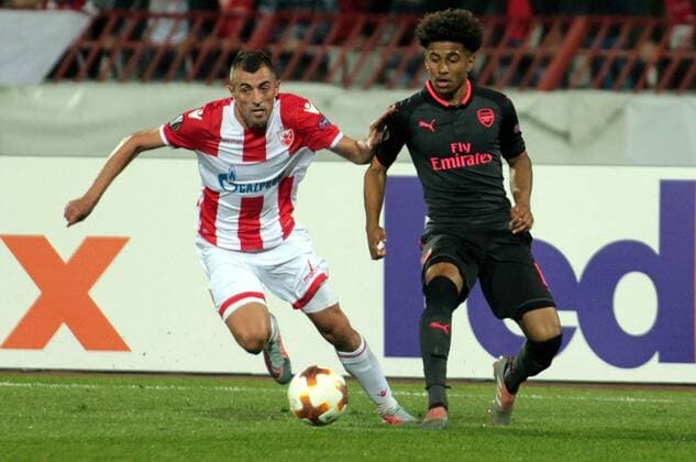 19.10.2017 Belgrade(Serbia) FK Crvena Zvezda(FC Red Star)-Arsenal Europa League men s football Nenad Krsticic (L) FK Crvena Zvezda(FC Red Star), Reiss Nelson (r) Arsenal : 