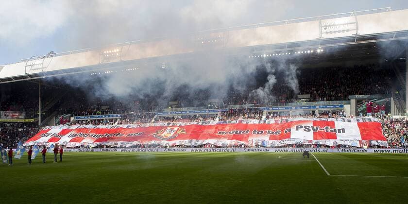 Eindhoven PSV Feyenoord Football Eredivisie season 2013 2014 13 04 2014 Philips Stadium Big PSV banners Ambiance fireworks smoke attach fans PSV Feyenoord