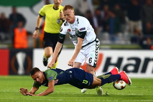 SOCCER - UEFA EL, Atiker vs RBS KONYA,TURKEY,19.OCT.17 - SOCCER - UEFA Europa League, Atiker Konyaspor vs Red Bull Salzburg. Image shows Hannes Wolf (RBS) and Jens Jonsson (Konyaspor). GEPAxpictures xFelixxRoittner