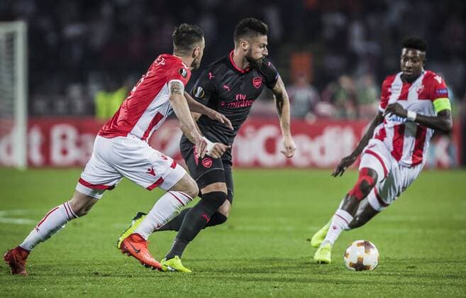 19th October 2017, Red Star Stadium, Belgrade, Serbia; UEFA Europa League Group Stage, Red Star Belgrade versus Arsenal; Olivier Giroud of Arsenal in action  ActionPlus11941410