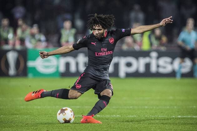 19th October 2017, Red Star Stadium, Belgrade, Serbia; UEFA Europa League Group Stage, Red Star Belgrade versus Arsenal; Mohamed Elneny of Arsenal plays the ball forward during the match  ActionPlus11941412