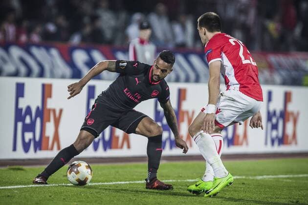 19th October 2017, Red Star Stadium, Belgrade, Serbia; UEFA Europa League Group Stage, Red Star Belgrade versus Arsenal; Forward Theo Walcott of Arsenal in action against Defender Milan Rodic of Red Star Belgrade  ActionPlus11941418