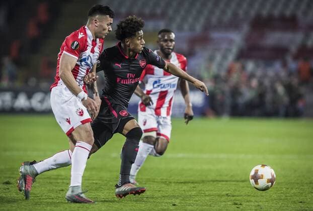 19th October 2017, Red Star Stadium, Belgrade, Serbia; UEFA Europa League Group Stage, Red Star Belgrade versus Arsenal; Midfielder Reiss Nelson of Arsenal breaks past Midfielder Damien Le Tallec of Red Star Belgrade  ActionPlus11941420